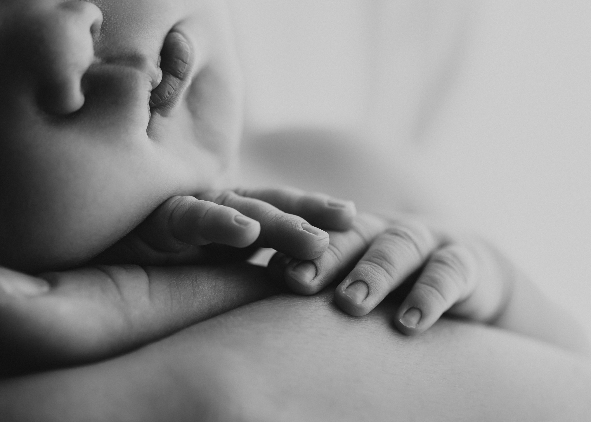 Dessau Babyfotografie, Schwarz-Weiß Nahaufnahme vom Babygesicht und Babyhänden von Fotografin Nina Popp